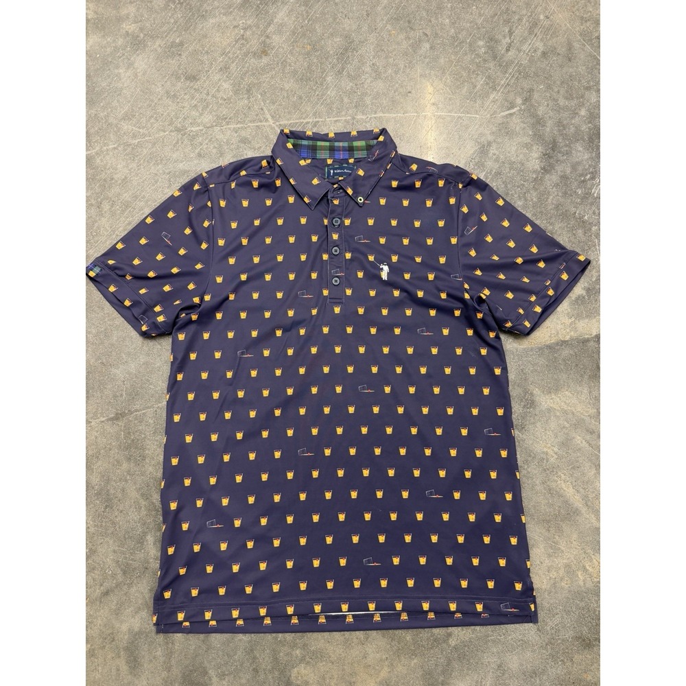 William‎ Murray Polo Shirt Mens Medium Blue Cocktail Print Golf Short Sleeve